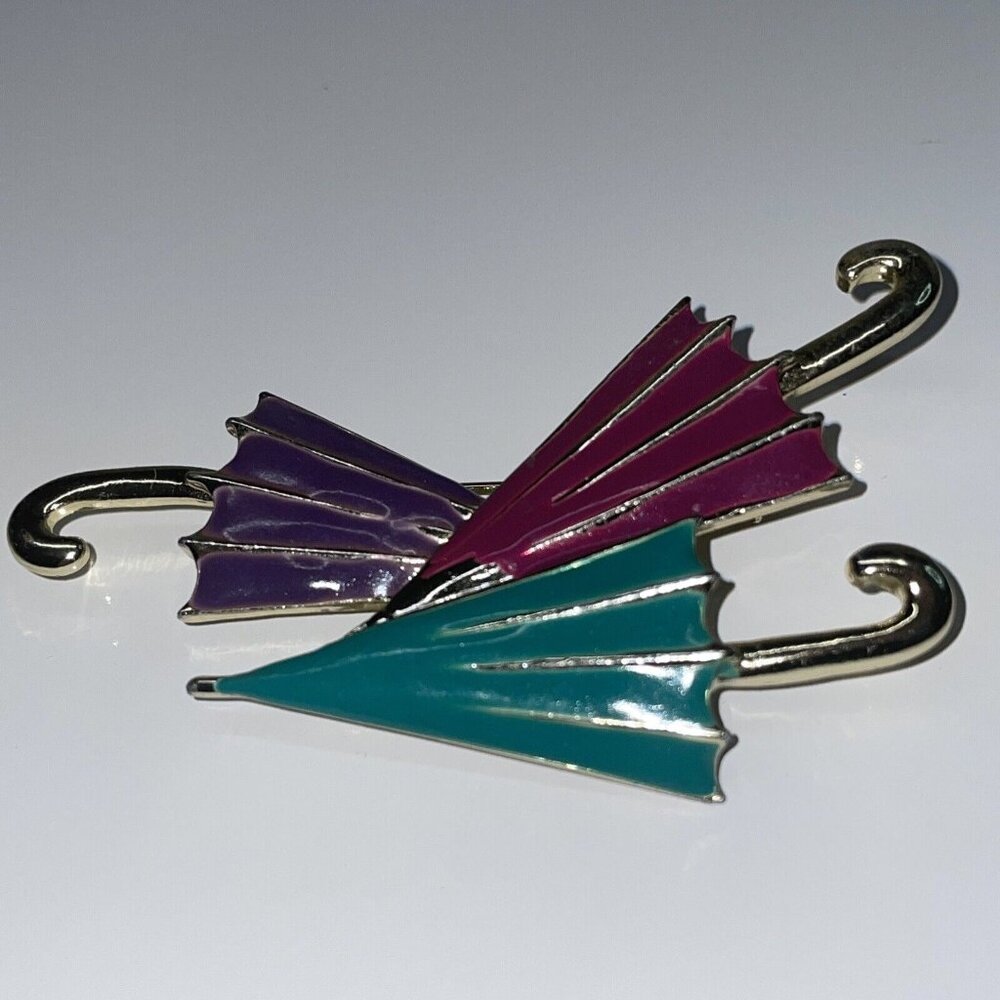 DON LIN UMBRELLA PARASOL PIN‎ BROOCH VINTAGE RARE Gold Tone Enamel Signed